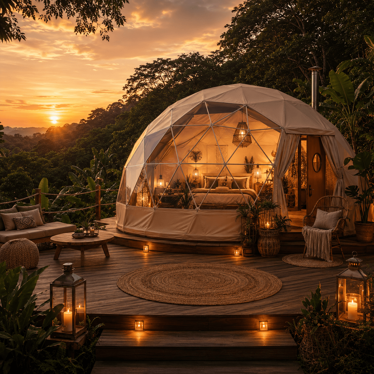 Geodesic dome glowing in the rainforest at dusk